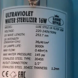 UV filter with lamp LUXE STYLE 16W 1/2'' IN-OUT, 0,48 t/h max