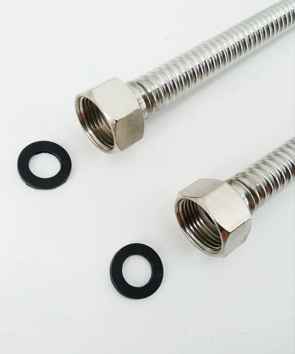 SS304 Hoses 3/8" 50 cm 2 pcs with Long/Short male 3/8", SS Nuts 3/8" for Cold/hot faucet