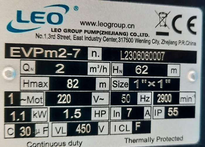 High Pressure Pump for RO-800 ( RO water flow = 120-180 Lit/h )