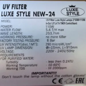 UV Filter LUXE STYLE AISI-304 In-Out 1,0" 110W NEW-24 ( 2*55W )5,4 T/h with CONTROL Board & TIMER